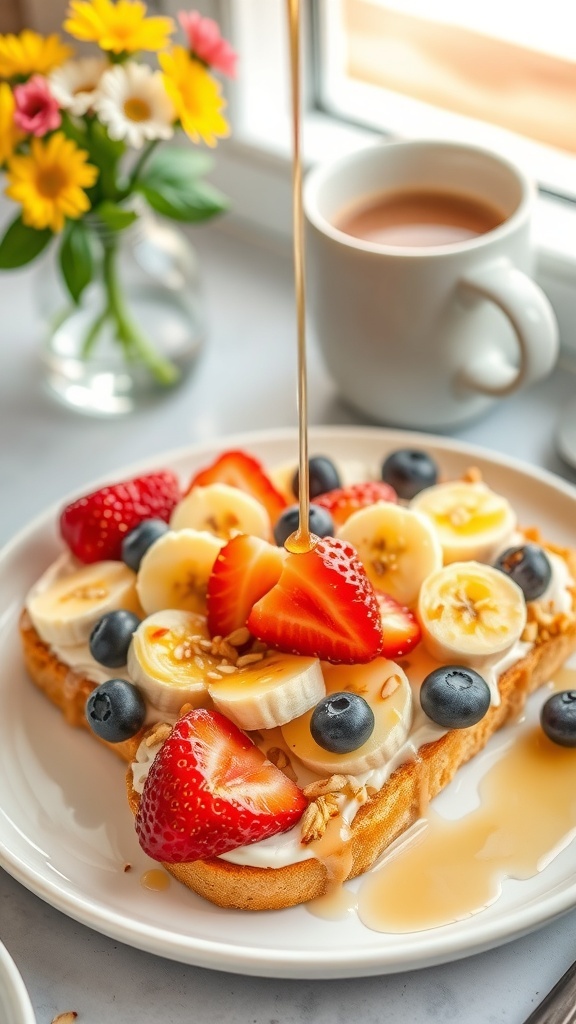 Yogurt bread toast topped with fresh fruits and nuts, served on a bright plate in a cozy kitchen.